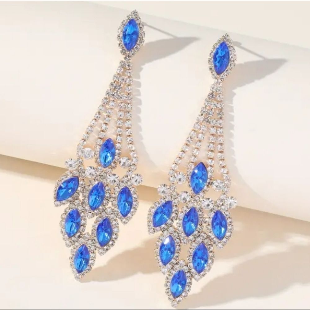 Silver Blue Sapphire Crystals  Chandelier Diamond Earrings